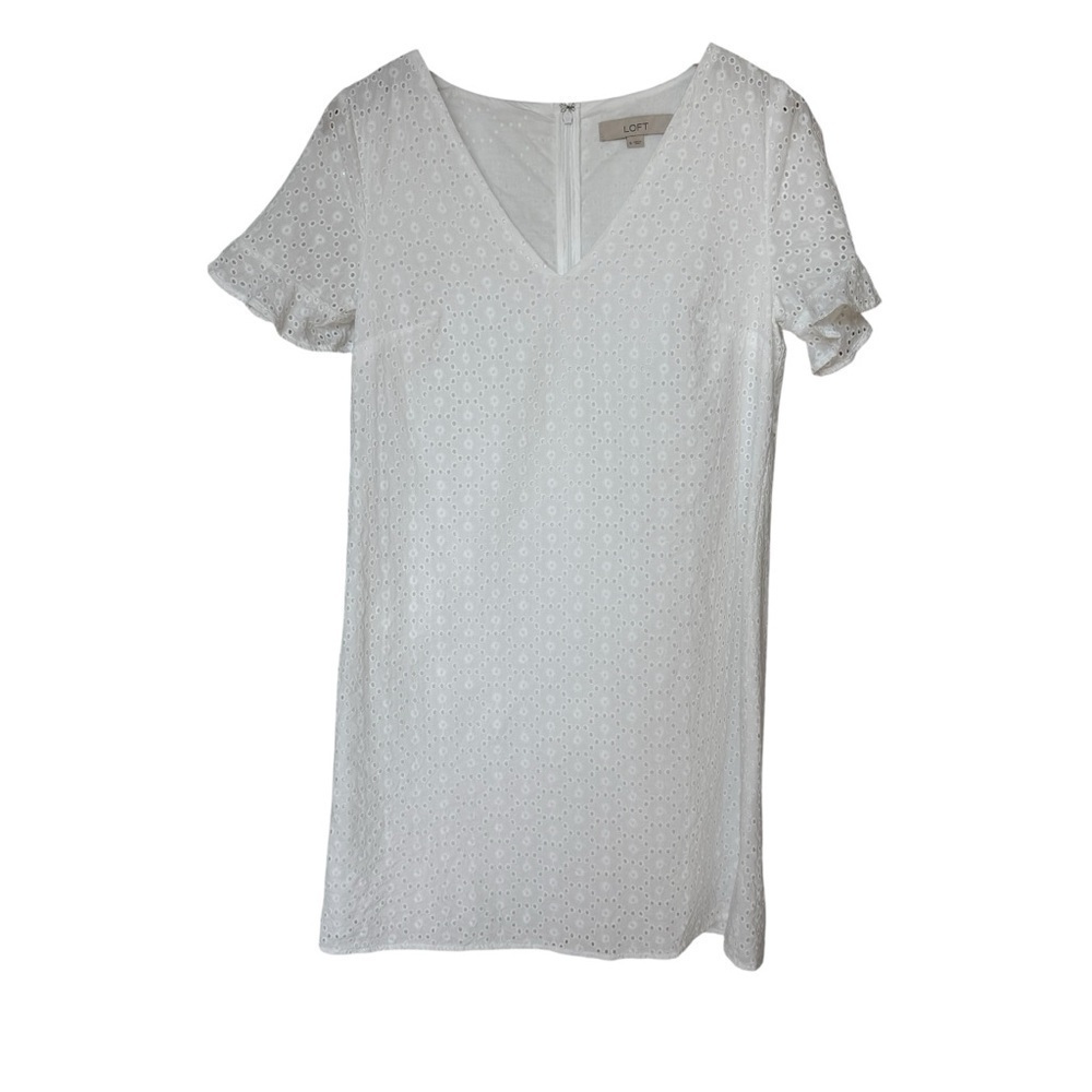 LOFT Women's White Eyelet Shift Dress 6 Flutter Cuff Knee Length Ruffle Sleeve